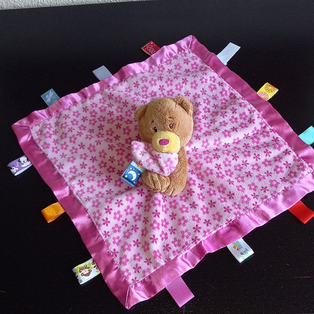 Woobie bear with satin tags and plush bear